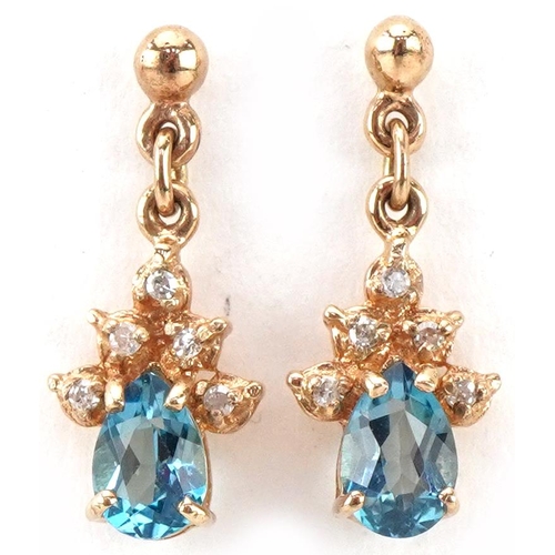 2287 - Pair of 9ct gold diamond and blue stone teardrop earrings, each 1.8cm high, total 1.6g