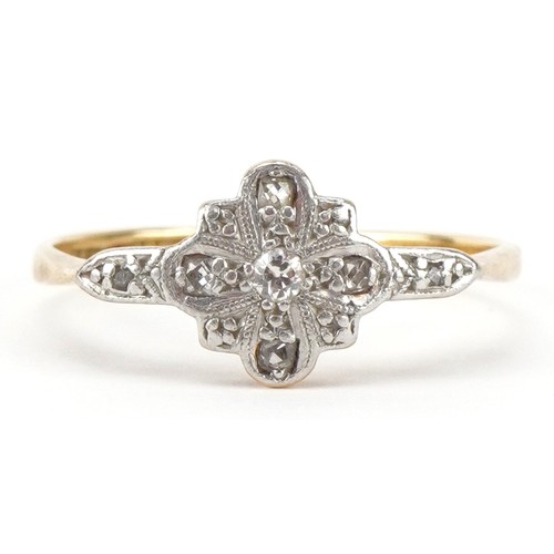 2218 - Art Deco 18ct gold and platinum diamond ring, size Q, 2.4g