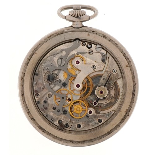 2310 - Art Deco gentlemen's white metal open face keyless chronograph pocket watch having silvered and subs... 