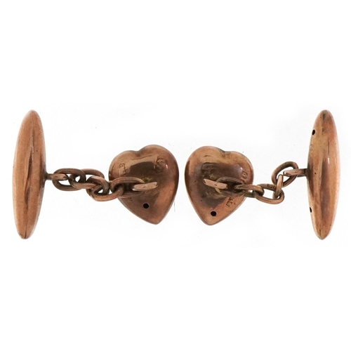 2199 - Pair of Victorian 9ct rose gold cufflinks in the form of love hearts, Birmingham 1900, each 2cm in l... 