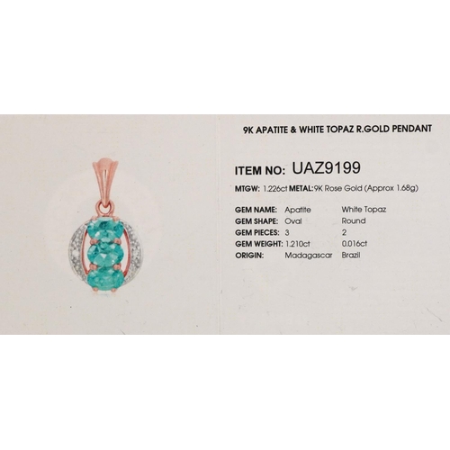 2386 - 9ct rose gold apatite and white topaz pendant with certificate, 2.1cm high, 2.0g