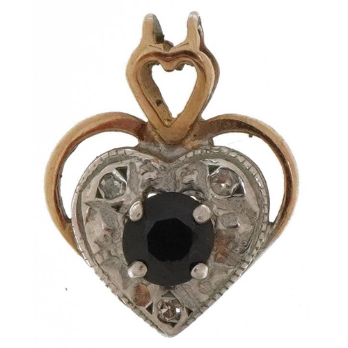 2332 - 9ct gold diamond and sapphire pendant in the form of a love heart, 1.4cm high, 1.0g