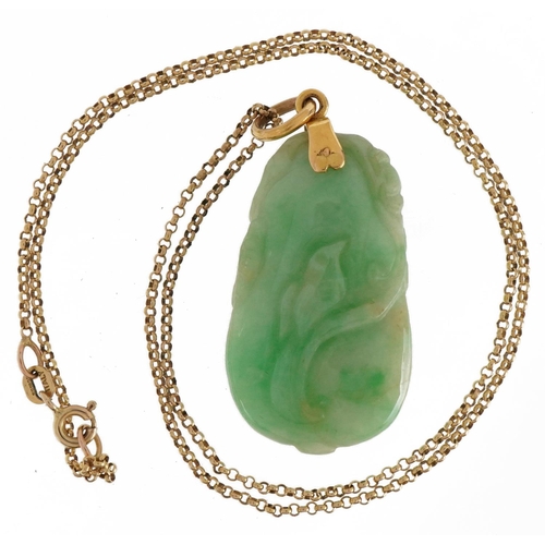 2314 - Chinese carved green jade pendant in the form of fruit with unmarked gold mount on a 9ct gold neckla... 