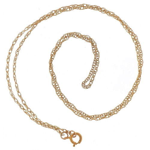 2159 - 9ct gold fine chain link necklace, 40cm in length, 0.7g