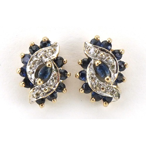 2285 - Pair of unmarked gold diamond and blue spinel cluster stud earrings, each 1.1cm high, total 2.1g