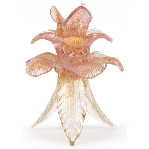 258 - Murano copper aventurine glass three footed candleholder in the form of a flower head, 15cm  high