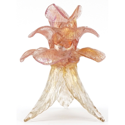 258 - Murano copper aventurine glass three footed candleholder in the form of a flower head, 15cm  high