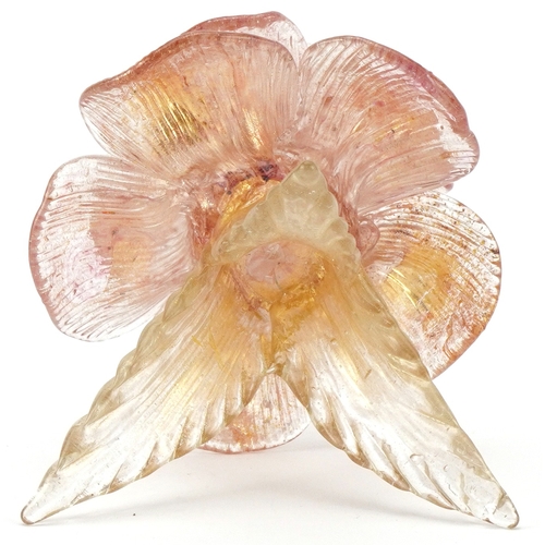 258 - Murano copper aventurine glass three footed candleholder in the form of a flower head, 15cm  high