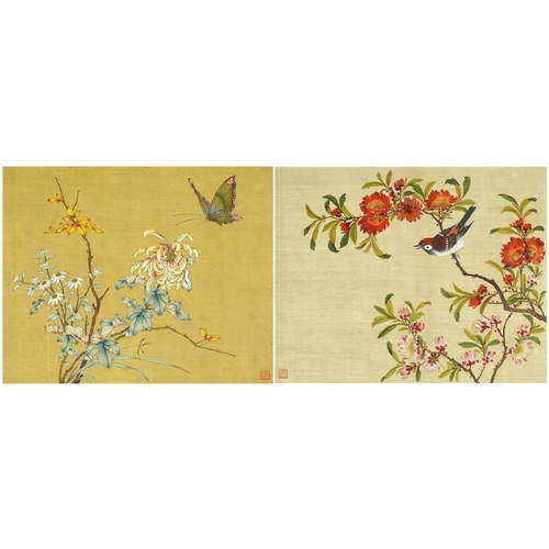 206 - Bird and butterfly amongst flowers, pair of Chinese watercolours on silk signed with red seal marks,... 