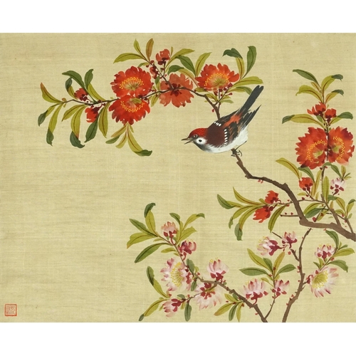 206 - Bird and butterfly amongst flowers, pair of Chinese watercolours on silk signed with red seal marks,... 