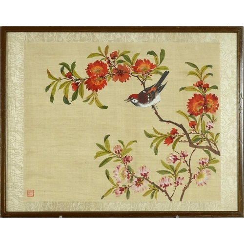 206 - Bird and butterfly amongst flowers, pair of Chinese watercolours on silk signed with red seal marks,... 