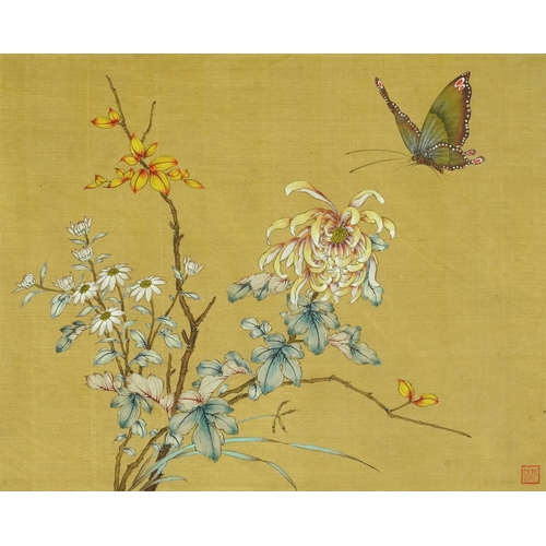 206 - Bird and butterfly amongst flowers, pair of Chinese watercolours on silk signed with red seal marks,... 