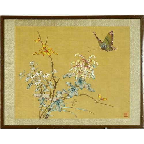 206 - Bird and butterfly amongst flowers, pair of Chinese watercolours on silk signed with red seal marks,... 