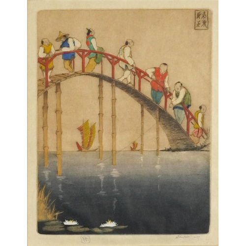 487 - Dorsey Potter Tyson - Figures crossing a bridge and street traders, two Orientalist school pencil si... 