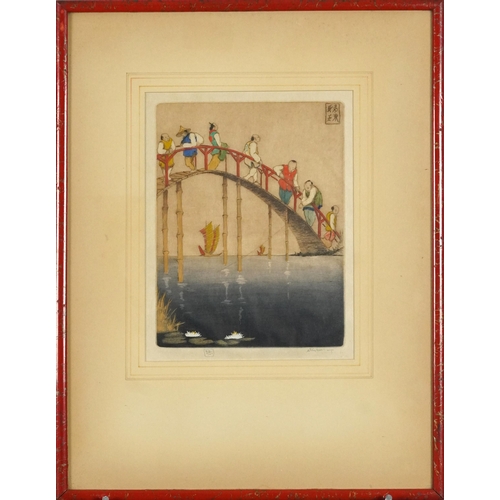 487 - Dorsey Potter Tyson - Figures crossing a bridge and street traders, two Orientalist school pencil si... 