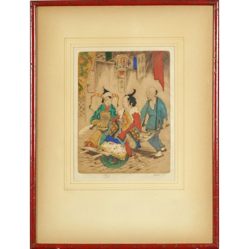 487 - Dorsey Potter Tyson - Figures crossing a bridge and street traders, two Orientalist school pencil si... 