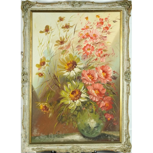 491 - Still life flowers in a vase, European school oil on canvas, bearing an indistinct signature, mounte... 