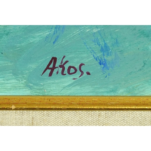 1311 - Akos Biro - Abstract composition, Hungarian school oil on board, stamp verso, mounted and framed, 63... 