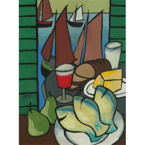 280 - Manner of Markey Robinson - Still life before boats, Irish school gouache, mounted, framed and glaze... 