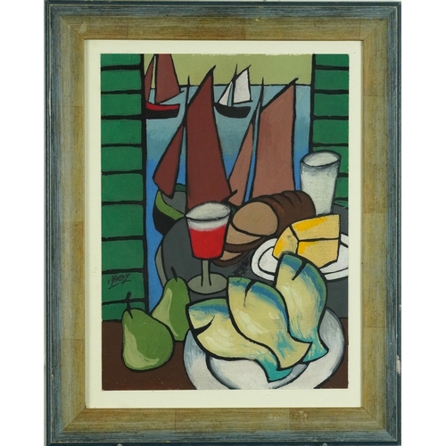 280 - Manner of Markey Robinson - Still life before boats, Irish school gouache, mounted, framed and glaze... 