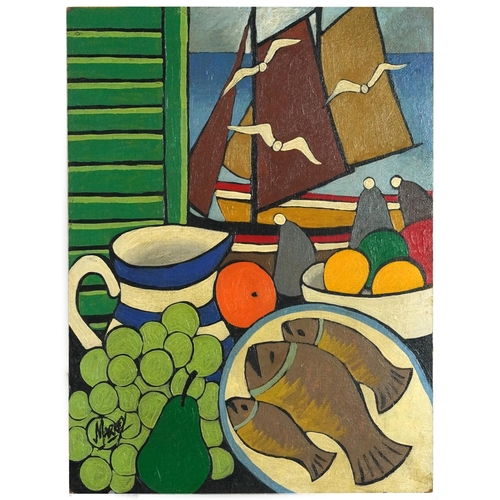 1197 - Manner of Markey Robinson - Still life before figures and moored boats, Irish school oil on board, u... 