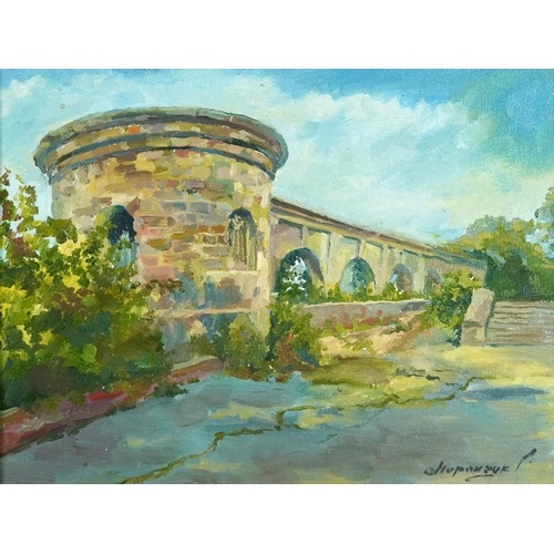 357 - Stairs beside ruins, Russian school oil on canvas, inscribed verso, framed, 38cm x 29cm excluding th... 