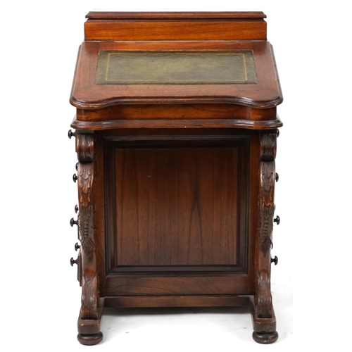 1055 - Stained hardwood Davenport with tooled leather top, fitted interior and four side drawers opposing f... 