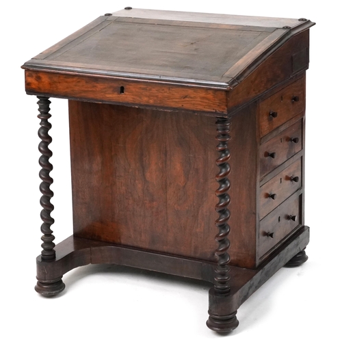 Rosewood and mahogany Davenport with lift up slope and four side drawers opposing four dummy drawers, with barley twist supports, 76cm H x 64.5cm W x 58.5cm D