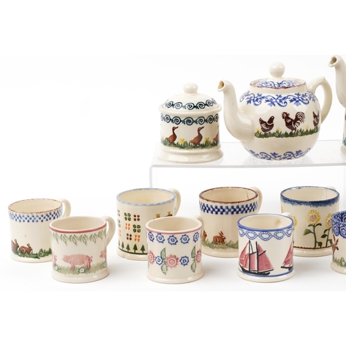 1366 - Brixton pottery hand painted with animals including mugs, storage jars and teapot, the largest 21.5c... 