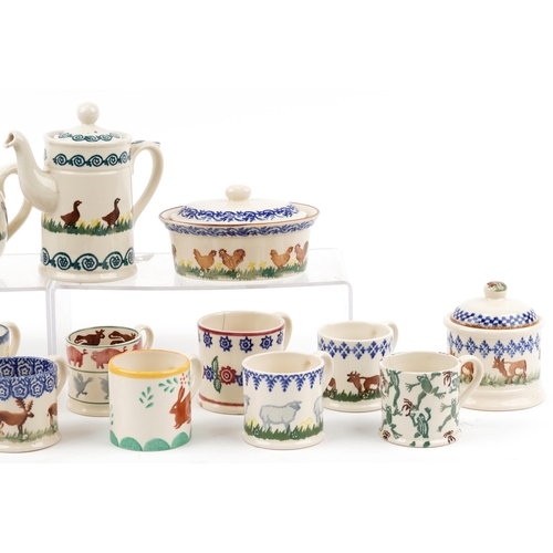 1366 - Brixton pottery hand painted with animals including mugs, storage jars and teapot, the largest 21.5c... 