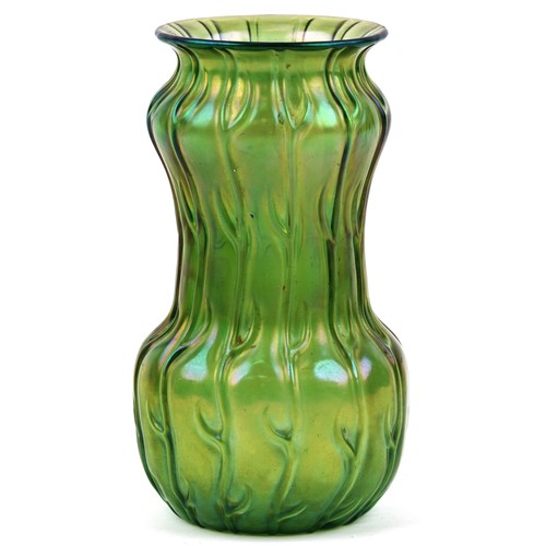 250 - Loetz, Bohemian Art Nouveau iridescent green glass Neptune pattern vase, 17.5cm high