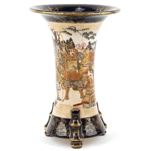 Large Japanese Satsuma pottery three footed vase hand painted with warriors in a landscape, six figure character marks to the base, 30.5cm high