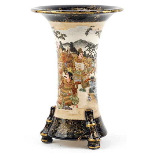 117 - Large Japanese Satsuma pottery three footed vase hand painted with warriors in a landscape, six figu... 