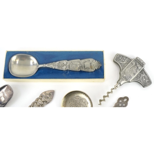 510 - Scandinavian silver and white metal spoons and corkscrew including pair of silver spoons by Peter He... 