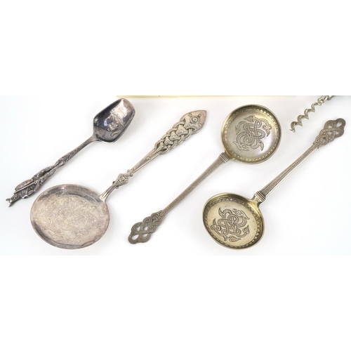 510 - Scandinavian silver and white metal spoons and corkscrew including pair of silver spoons by Peter He... 