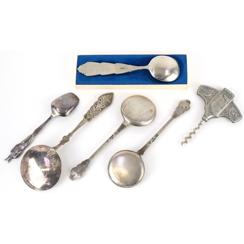 510 - Scandinavian silver and white metal spoons and corkscrew including pair of silver spoons by Peter He... 