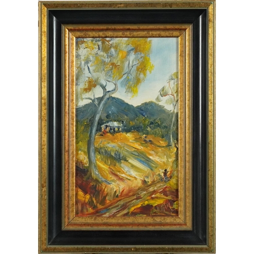 351 - Dempsey - Figure before a hut, continental school Impressionist oil on board, mounted and framed, 24... 