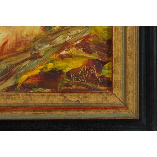 351 - Dempsey - Figure before a hut, continental school Impressionist oil on board, mounted and framed, 24... 