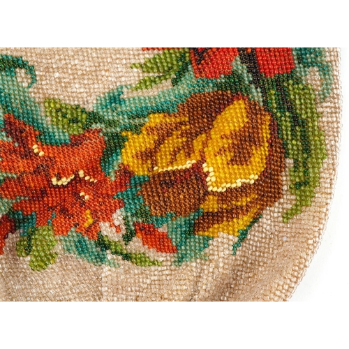 1219 - Victorian floral beadwork drawstring purse, 29cm high