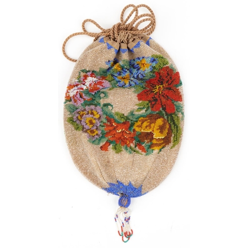 1219 - Victorian floral beadwork drawstring purse, 29cm high