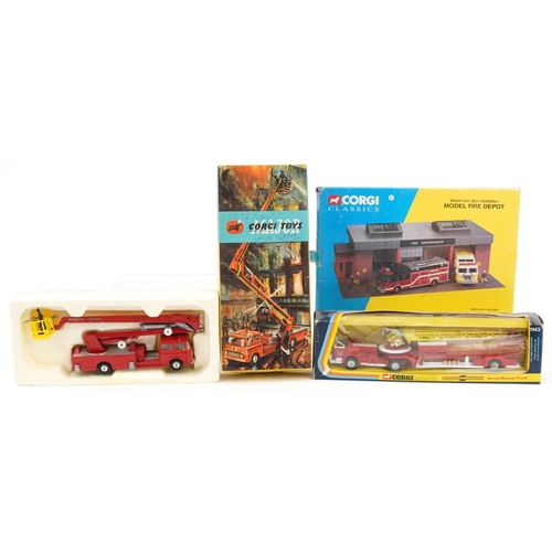 Corgi toys with boxes comprising diecast Simon Snorkel Fire Engine, Aerial Rescue truck and model fire depot