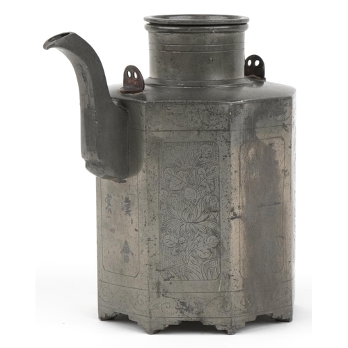 190 - Chinese pewter teapot with octagonal body engraved with panels of flowers and calligraphy, impressed... 