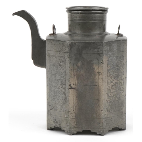 190 - Chinese pewter teapot with octagonal body engraved with panels of flowers and calligraphy, impressed... 