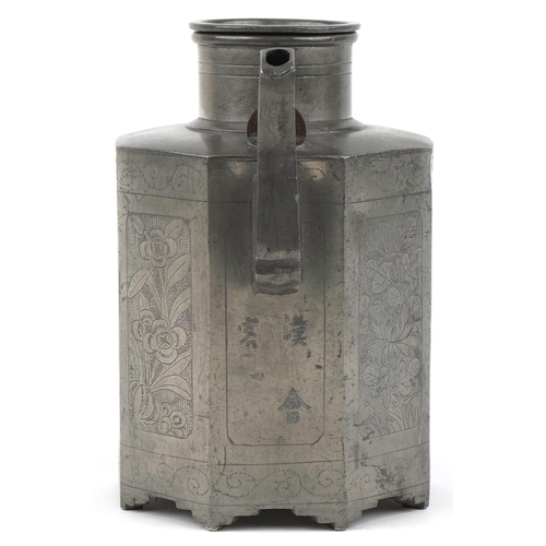 190 - Chinese pewter teapot with octagonal body engraved with panels of flowers and calligraphy, impressed... 