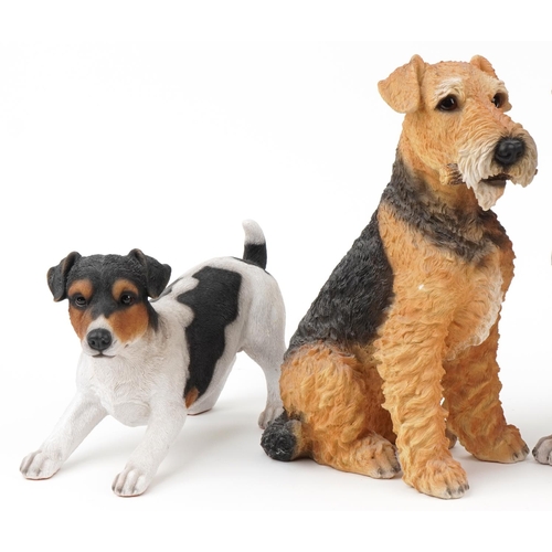 1292 - Four large decorative model dogs including Sandicast Labrador pup and Hotant Jack Russell 46cms high