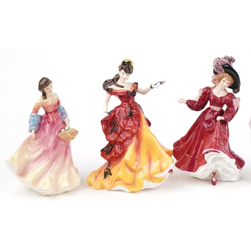 1178 - Seven Royal Doulton figurines, four with boxes, including Good Companion HN3608, Summer Scent HN3955... 