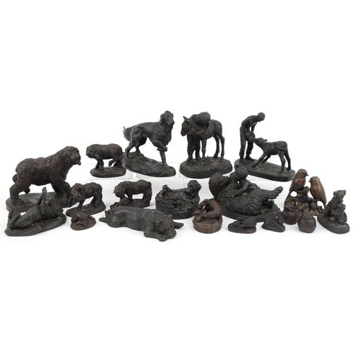 1358 - Bronzed animals including Ken Norris studio group of two birds and Heredities Labrador and pups, the... 