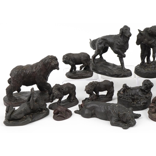 1358 - Bronzed animals including Ken Norris studio group of two birds and Heredities Labrador and pups, the... 