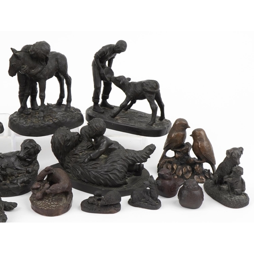 1358 - Bronzed animals including Ken Norris studio group of two birds and Heredities Labrador and pups, the... 