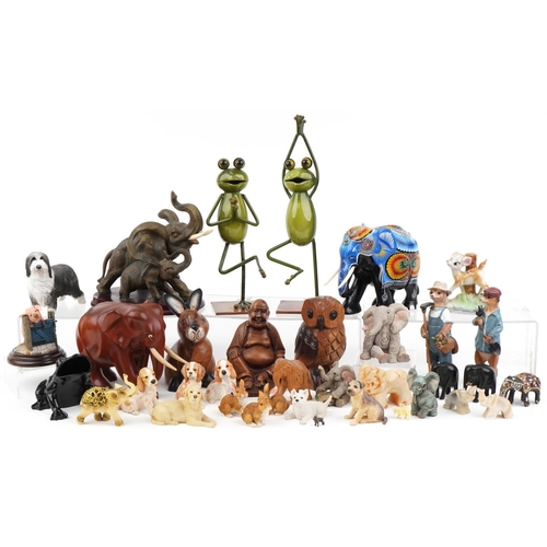 1360 - Model animals including carved hardwood elephant and two novelty frogs together with a hardwood carv... 